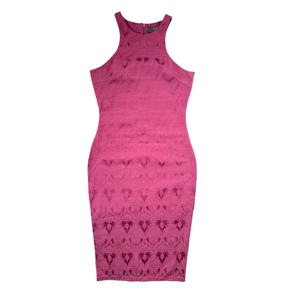 C1 AX Paris Magenta Pink Jacquard Halter Midi Bodycon Dress Size 10 D352 02057